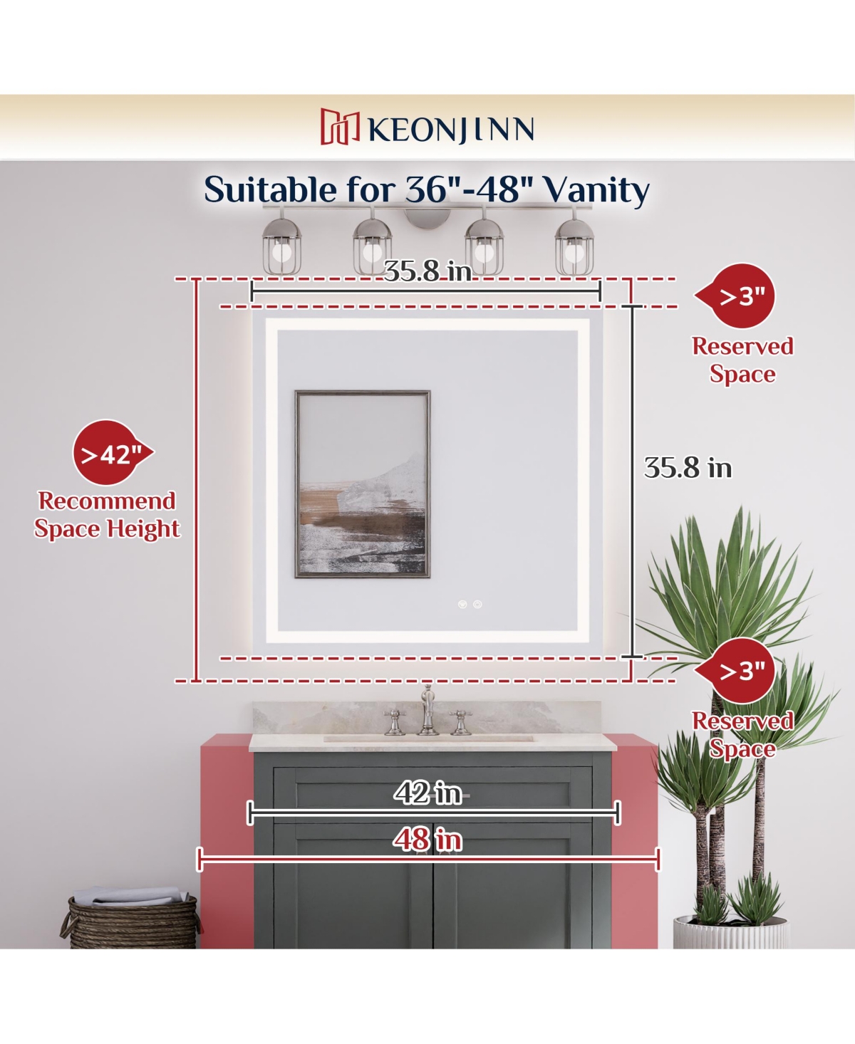 keonjinn Inch Led Bathroom Vanity Mirror Tempered Glass Front & Backlit Dimmable 3 Color Lighted Mirror Anti-fog Memory Function Frameless