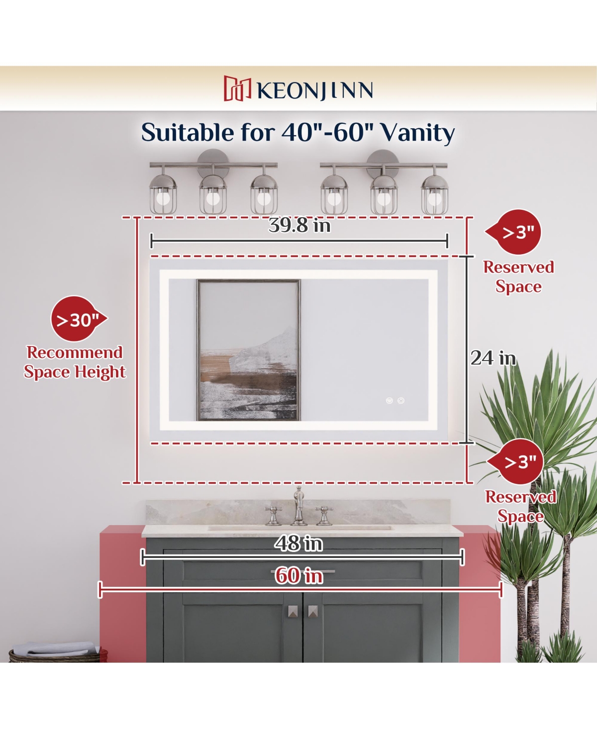 keonjinn Inch Led Bathroom Vanity Mirror Tempered Glass Front & Backlit Dimmable 3 Color Lighted Mirror Anti-fog Memory Function Frameless