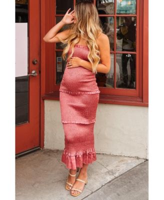 Olive Satin Smocked Fitted Maternity Maxi Dress