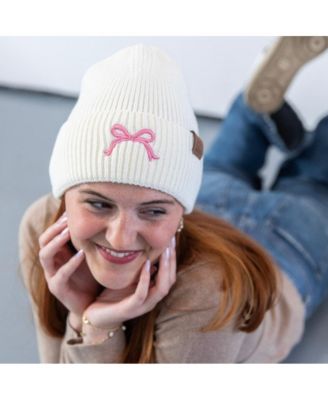 Women's Embroidered Bow Beanie - White