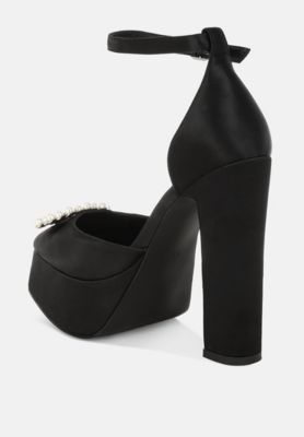 Womens Pearls Brooch Detail Platform Block Heel Sandals