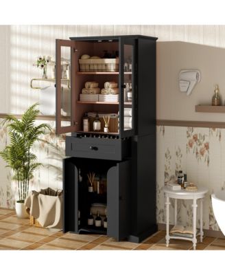 67" Freestanding Tall Bathroom Linen Tower Cabinet with Tempered Glass Doors, Adjustable Shelves, Drawer & Soft-Close Design