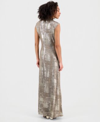 Women's Metallic Jersey Ruched Sleeveless Gown