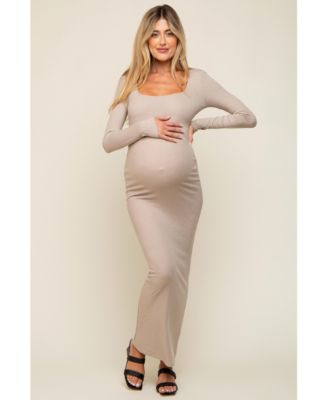 Maternity Black Ribbed Long Sleeve Square Neck Maxi Dress