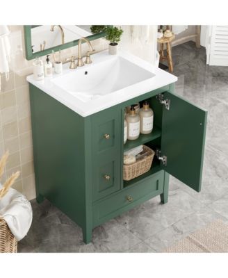Bathroom Vanity with Storage Adjustable Shelf MDF Rubberwood Removable Dividers Dark Green Finish