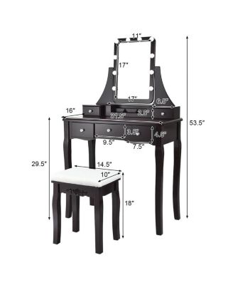 10 Dimmable Light Bulbs Vanity Dressing Table with 2 Dividers and Cushioned Stool