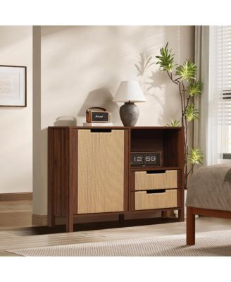 Walnut Finish Storage Cabinet with Rope Drawer Front, 1 Door, 2 Drawers, MDF Wood