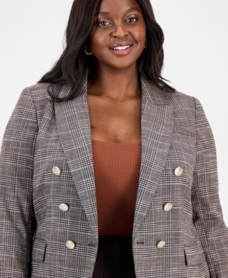 Plus Size Plaid Peak Lapel Double-Breasted Blazer