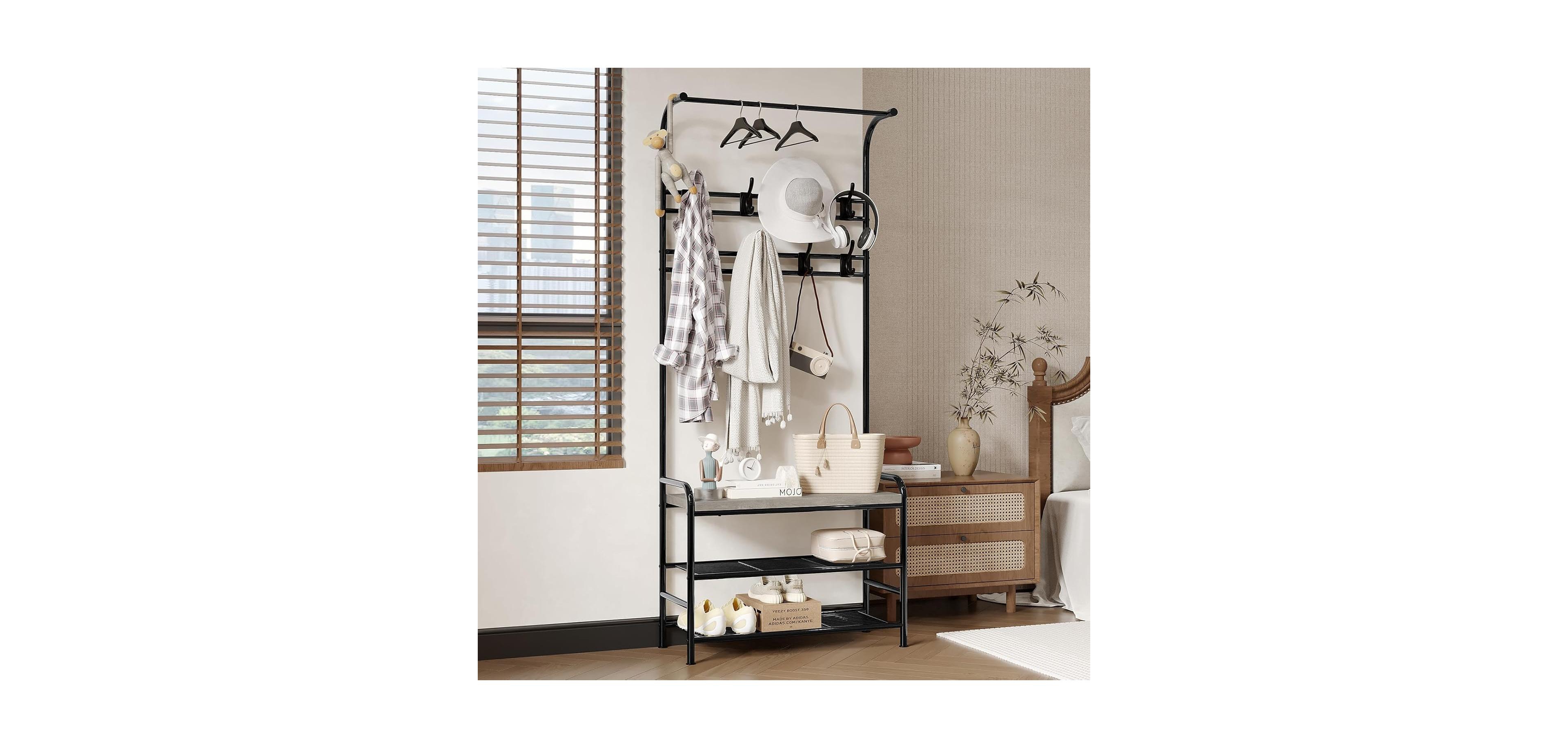 gaomon Hall Tree Shoe Bench, 4-in-1 Entryway Storage Bench with 8 Sturdy Hooks, Freestanding Coat Rack for Small Spaces, Apartments, Bedroom, RusticGr