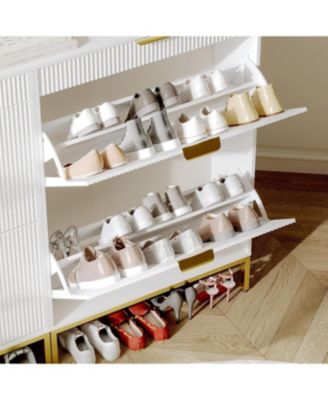 Fluted shoe cabinet with 2 flip drawers, 1 drawer, and a hook. Modern farmhouse style with metal legs. Perfect for narrow entryways,White
