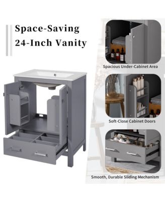 48" Rubberwood & MDF Divided Drawer Storage, Bathroom Vanity with Integrated Undermount Ceramic Sink