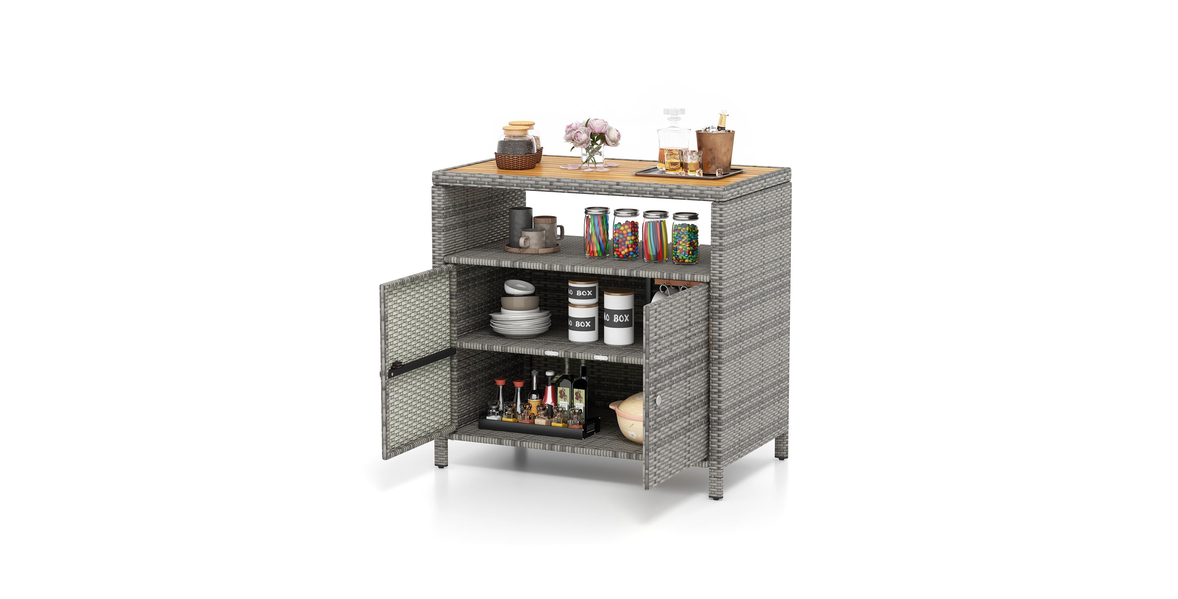Rattan Storage Cabinet with Acacia Wood Countertop for Poolside Deck and Patio