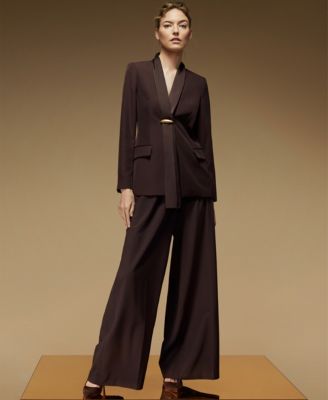 Womens Mixed Media Draped Neck Blazer, Regular & Petite