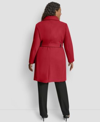 Plus Size Belted Zip-Up Wool Coat