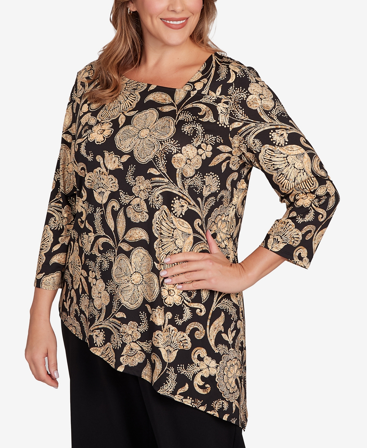 Ruby Rd. Plus Gold Foil Floral Printed Knit Top