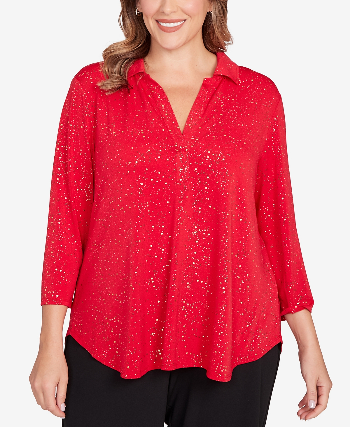 Ruby Rd. Plus Size Metallic Dew Drop Shirt Collar Top In Red