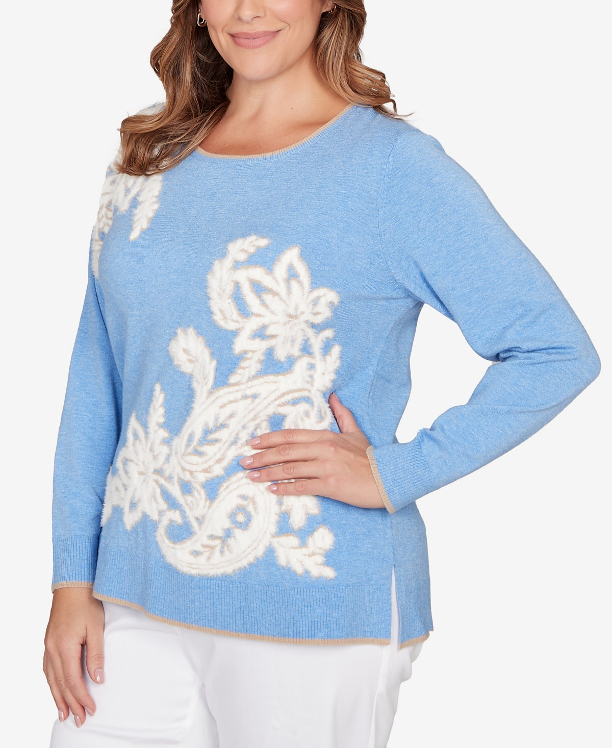 Ruby Rd. Plus Size Floral Paisley Eyelash Jacquard Sweater In Blue