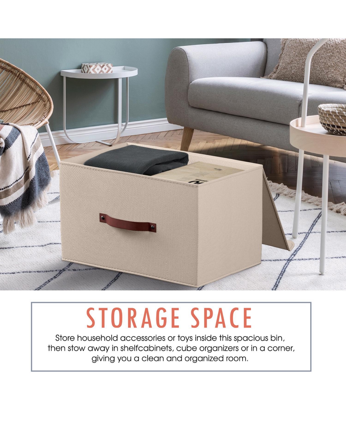 Ornavo Home 6 Pack Foldable Linen Storage Bin with Faux Leather Handles and Lid