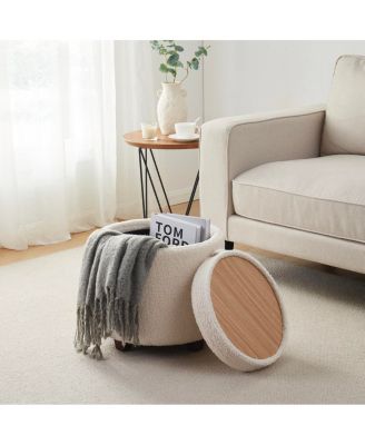 Lawrence Round Boucle White Storage Ottoman with Table Top Lid