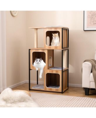 Modern Cat Tree for Indoor Kittens Cat Tower House w/ Metal Frame Large Platform