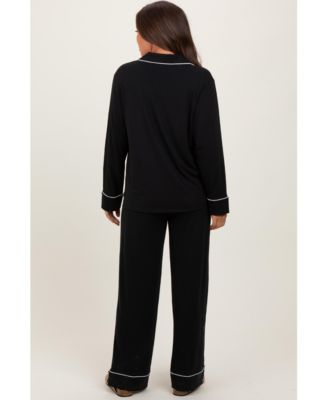 Maternity Dark Navy Button Down Top Wide Leg Pant Pajama Set