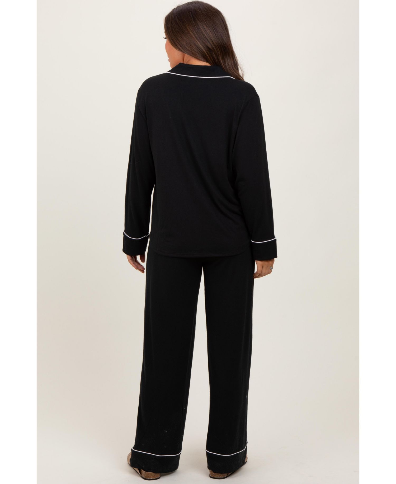 Women's Dark Navy Button Down Top Wide Leg Pant Pajama Set