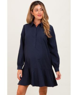Camel Striped Long Sleeve Drop Waist Maternity Polo Dress