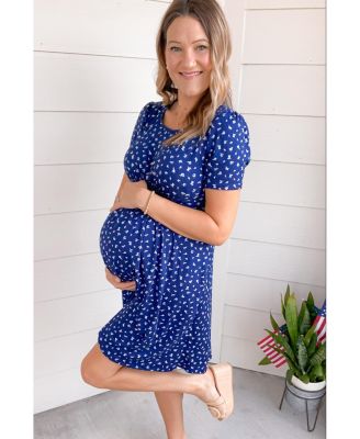 Maternity Navy Floral Smocked Short Sleeve Dress