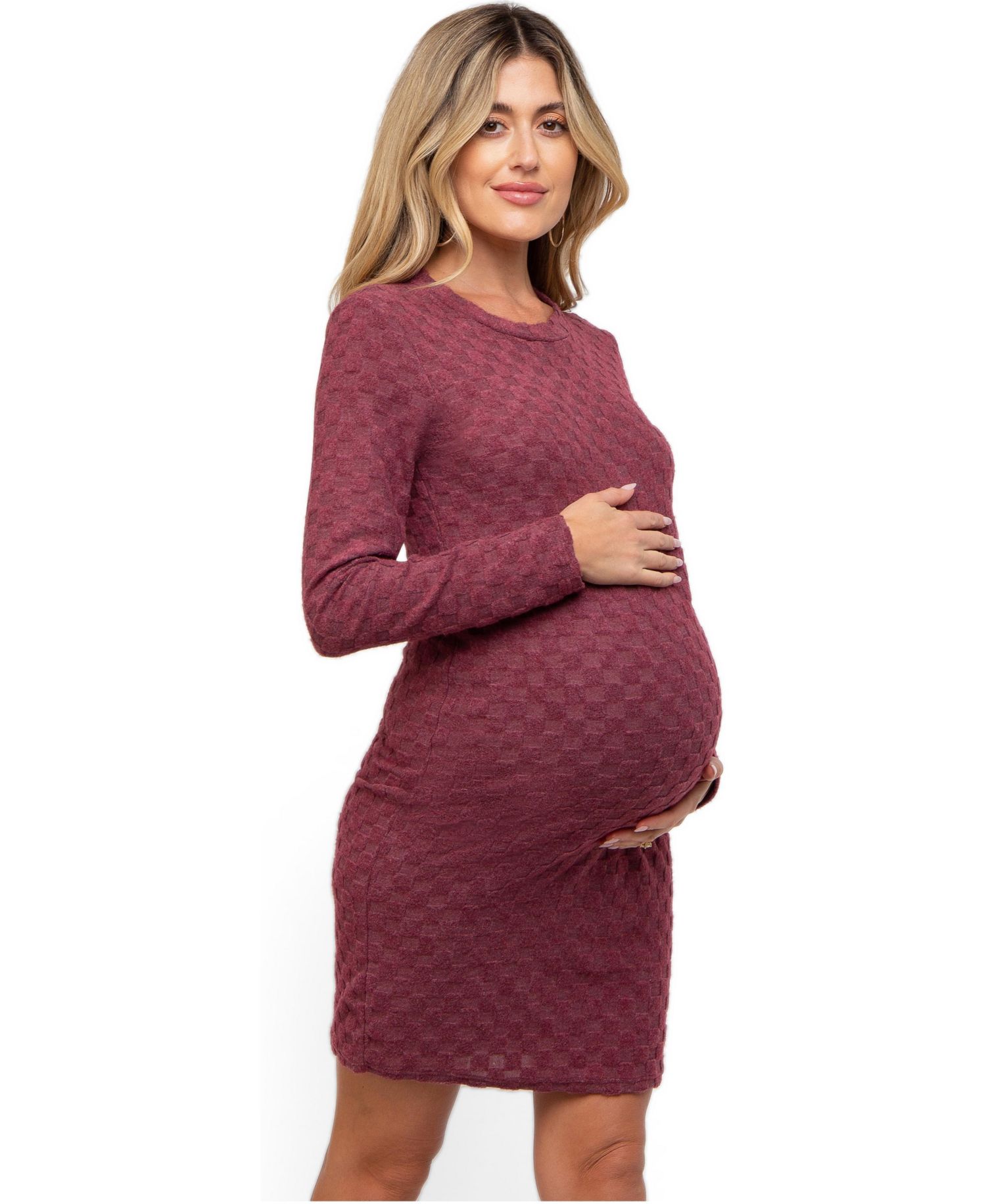 Women's Burgundy Soft Brushed Knit Long Sleeve Dress