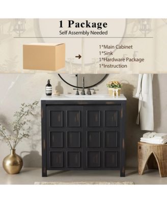 36" Solid Wood Bathroom Vanity Set with Ceramic Sink & Distressed Finish Storage Cabinet Organizer