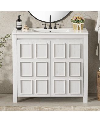 36" Solid Wood Bathroom Vanity Set with Ceramic Sink & Distressed Finish Storage Cabinet Organizer
