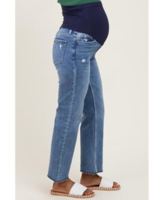 Maternity Blue High Rise Raw Hem Ankle Straight Jeans