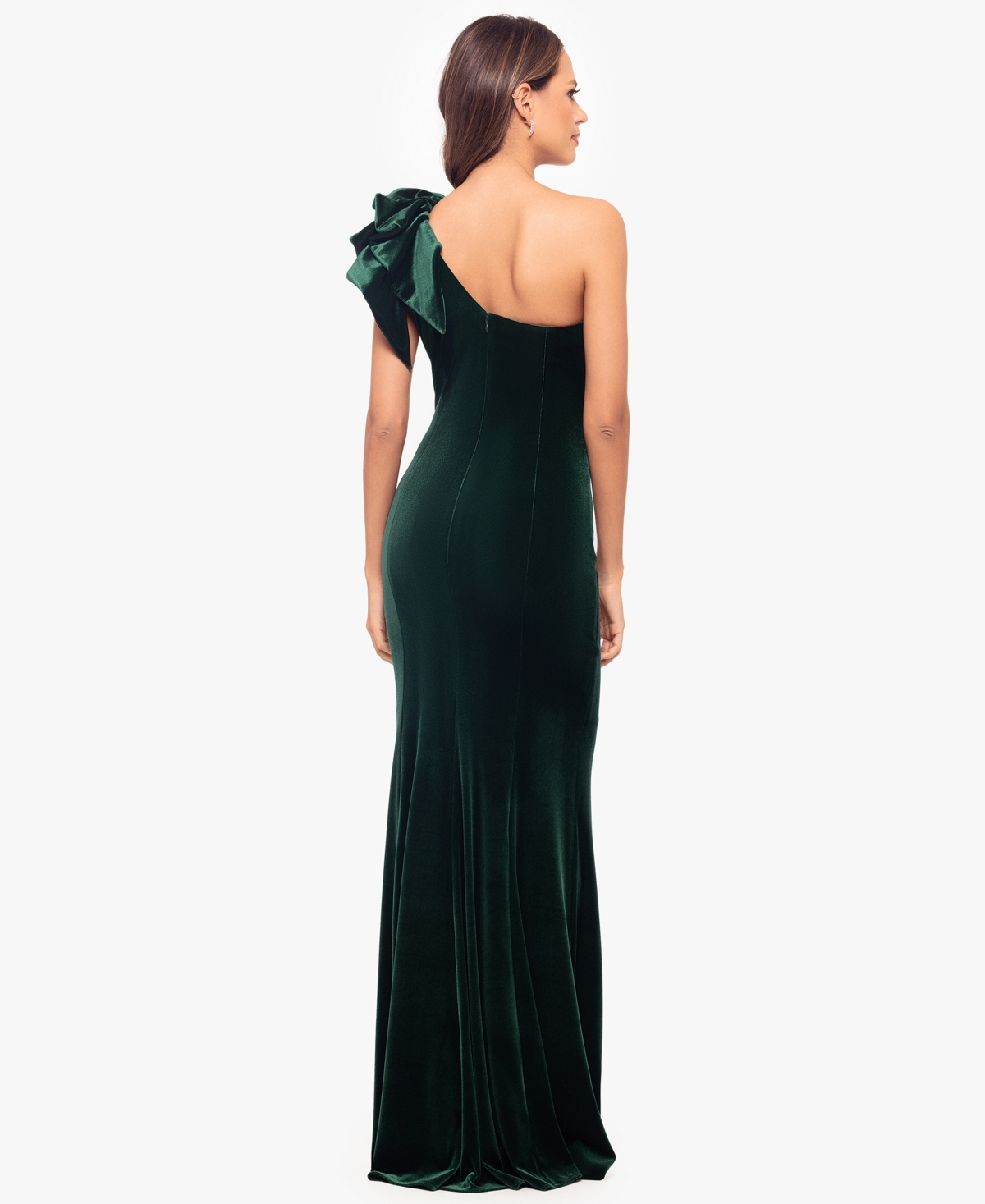 Betsy & Adam Women's Asymmetric Ruffled Sleeveless Velvet Gown In Green