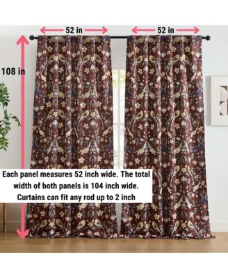 Florence Floral & Birds Patterned Window Back Tab Rod Pocket Curtains Bedroom - Light Blocking Darkening Window Panels, Set of 2