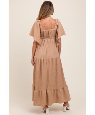 Maternity Taupe Woven Textured Flutter Sleeve V-Neck Tiered Maxi Dress