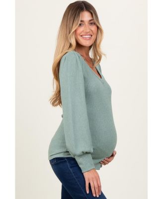 Maternity Light Olive Ribbed Knit V-Neck Button Cuff Top