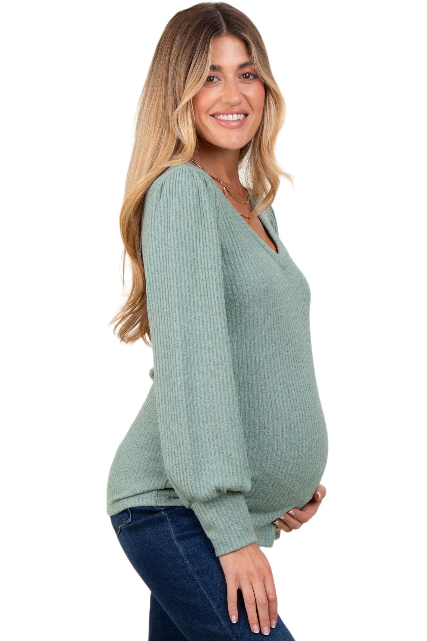 Women's Light Olive Ribbed Knit V-Neck Button Cuff Top