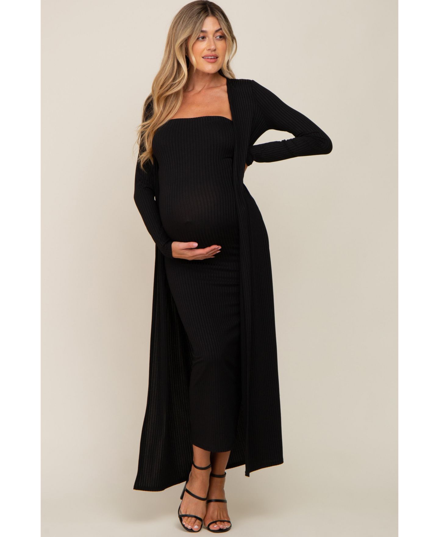 Женские платья Pinkblush Black Ribbed Sleeveless Dress Cardigan Set, цвет: Чёрный — фото 11