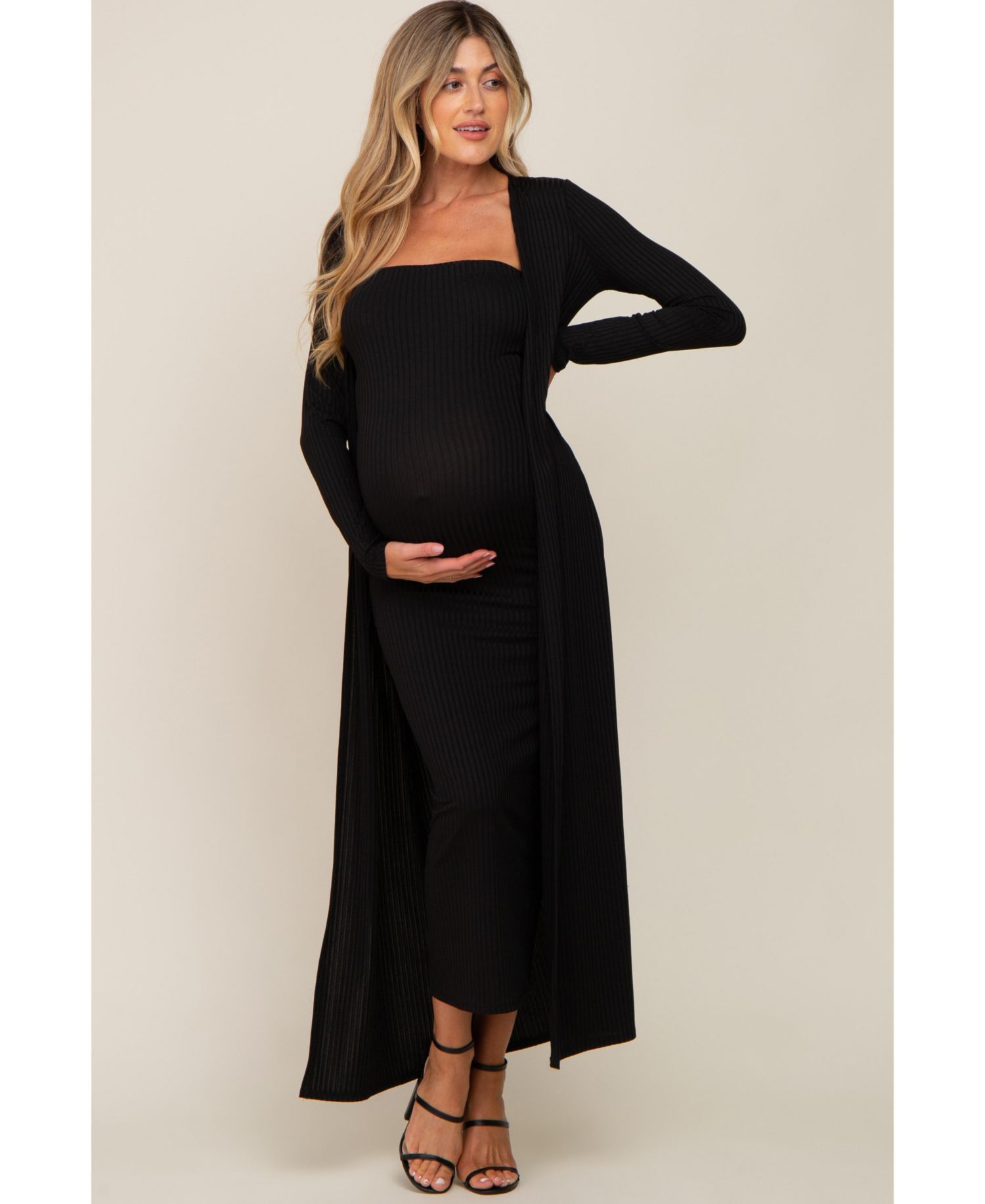 Women's Black Ribbed Sleeveless Dress Cardigan Set