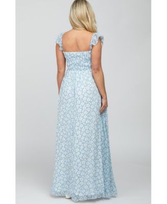 Maternity Light Blue Floral Chiffon Sweetheart Neck Off Shoulder Maxi Dress