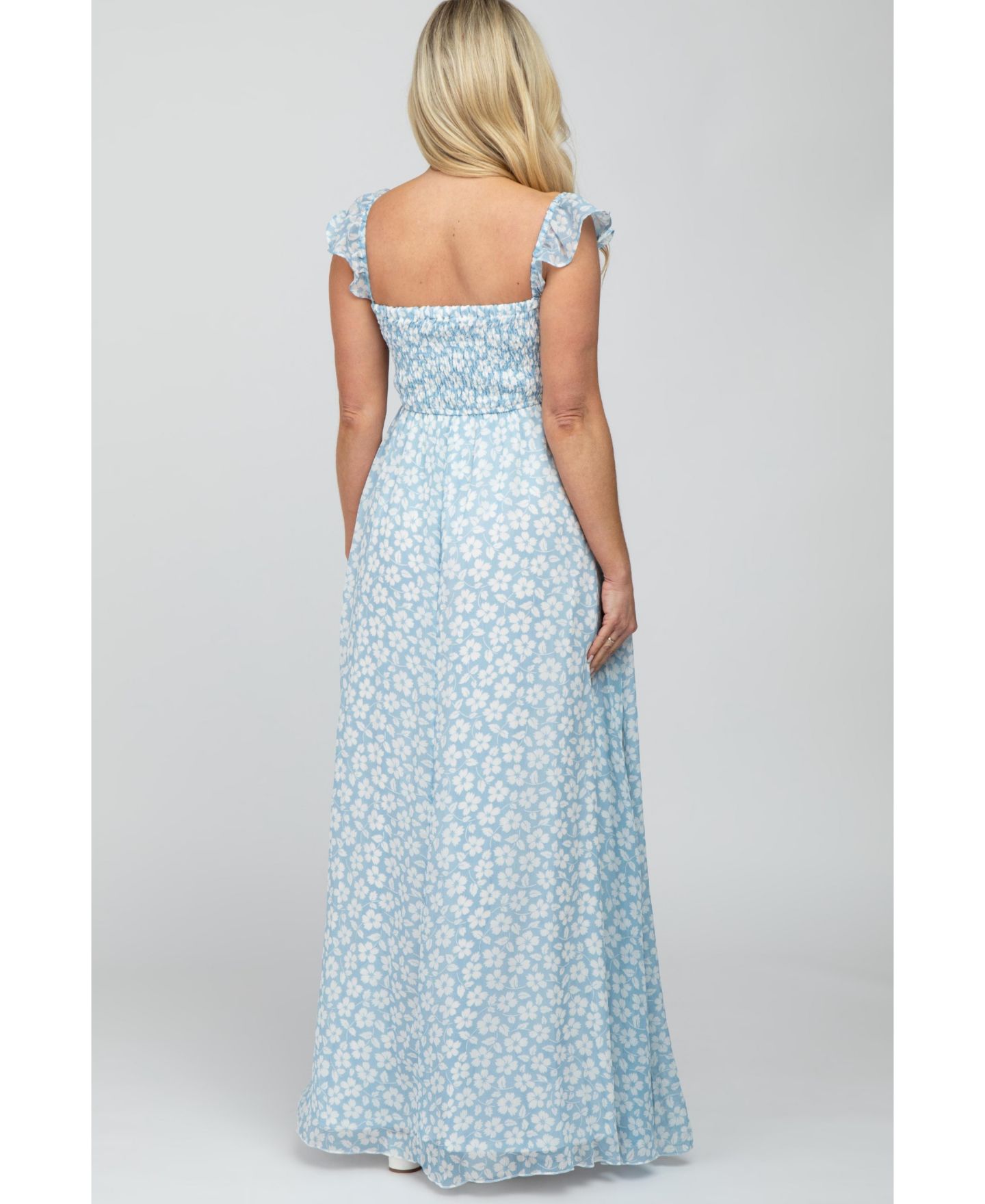 Женское платье Pinkblush Light Blue Floral Chiffon Sweetheart Neck Off Shoulder Maxi, цвет: Светлый синий — фото 7