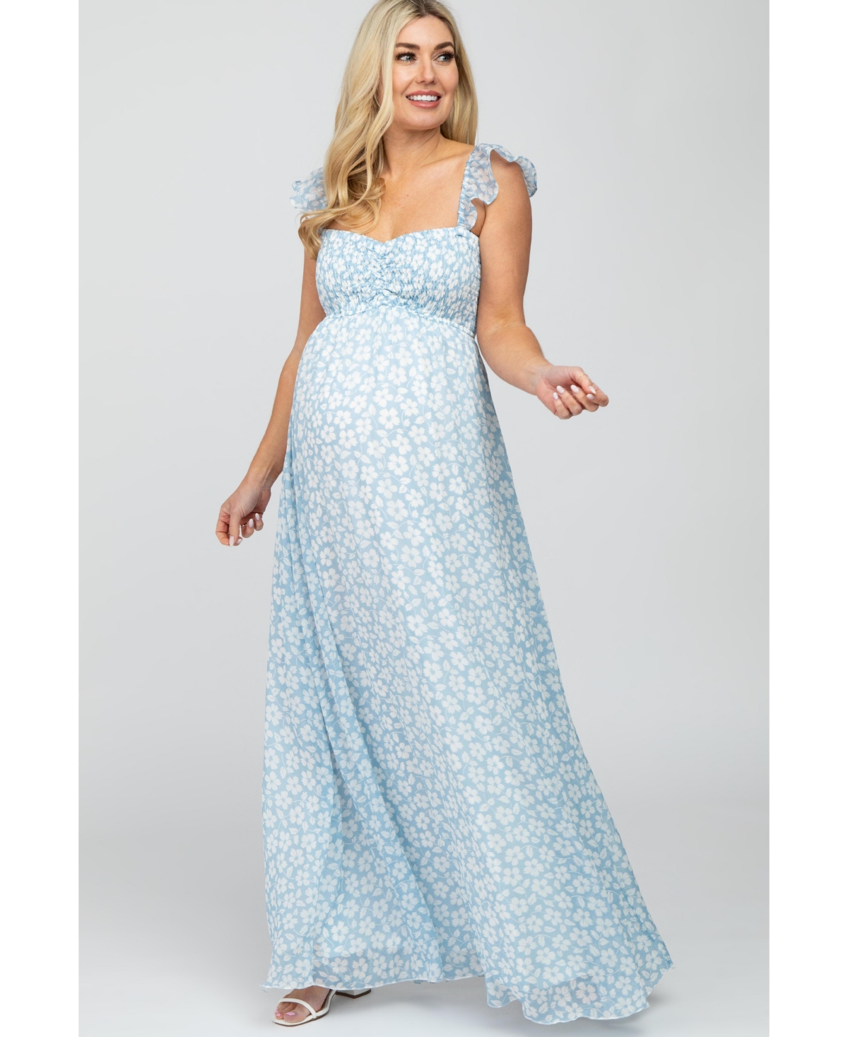 Pinkblush Maternity Light Blue Floral Chiffon Sweetheart Neck Off Shoulder Maxi Dress