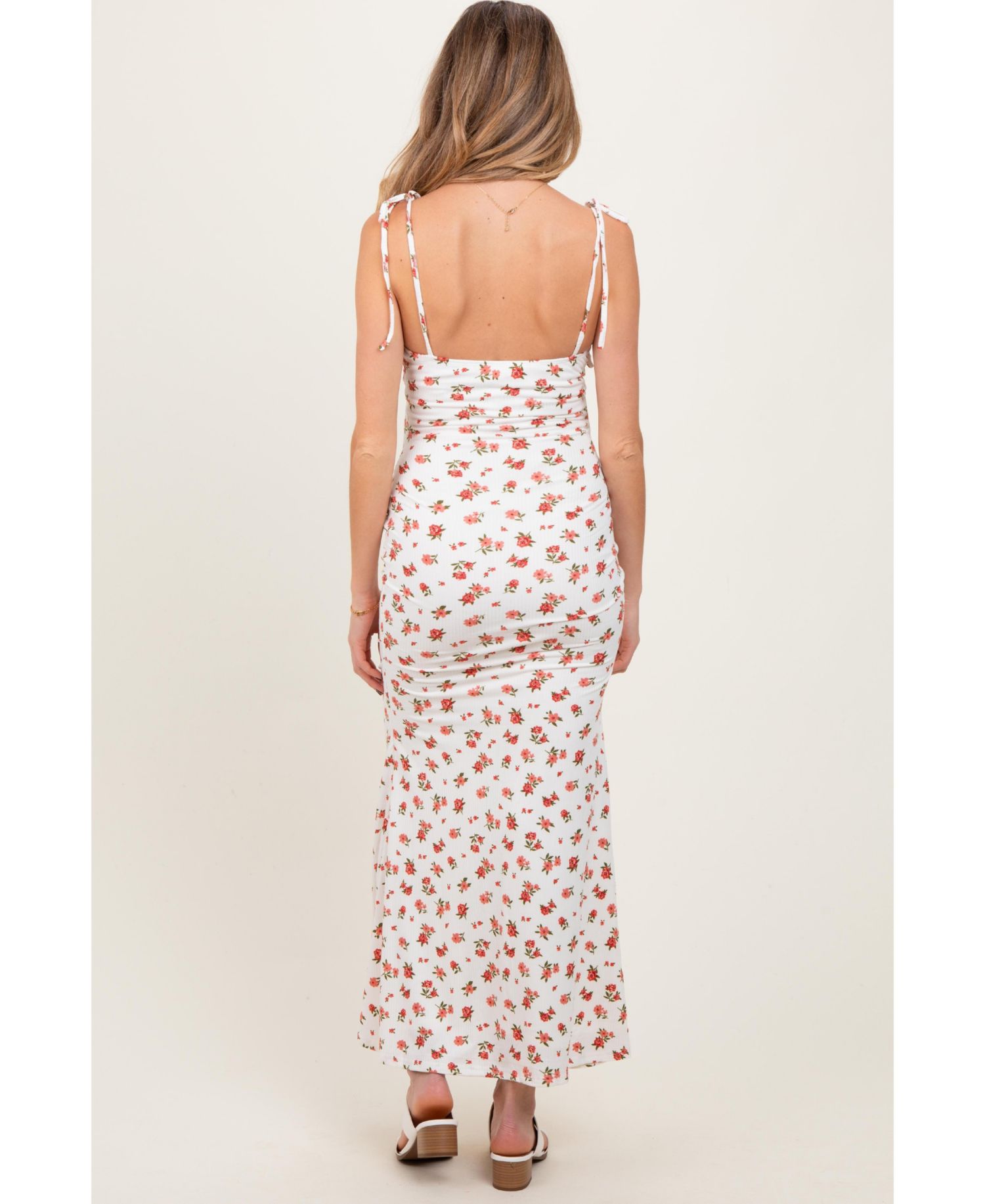 Women's Ribbed Floral Shoulder Tie Maxi Dress