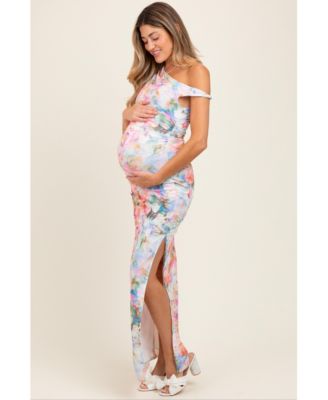 Floral One Shoulder Side Slit Maternity Maxi Dress