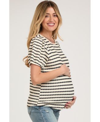 Maternity Light Blue Striped Textured Puff Sleeve Top