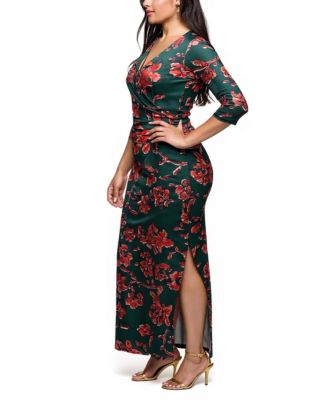 Plus Size Floral Print Three Side Slit Maxi Dress