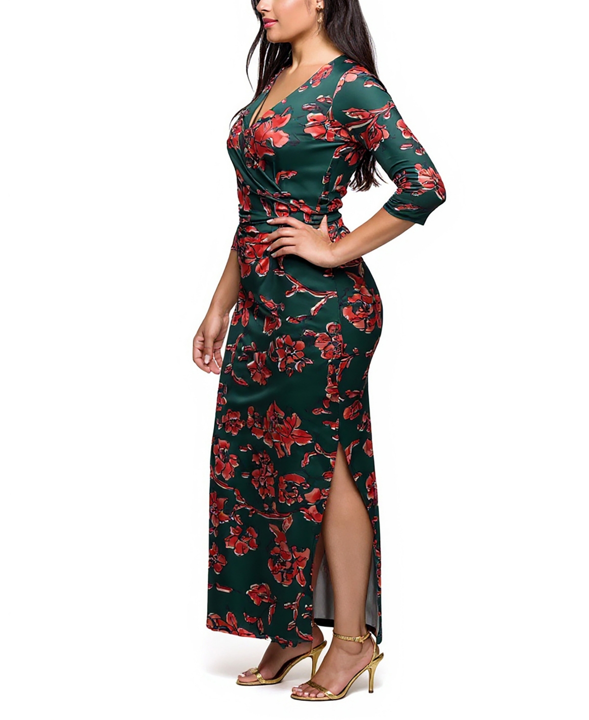 24seven Comfort Apparel Plus Size Floral Print Three Side Slit Maxi Dress In Multi