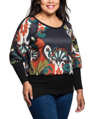 Plus Size Paisley Multicolor Print Dolman Sleeve Banded Top