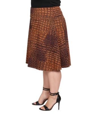 Plus Size Brown Geometric Print Midi Skirts