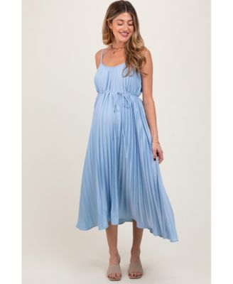 Maternity Light Blue Pleated Sash Tie Midi Dress